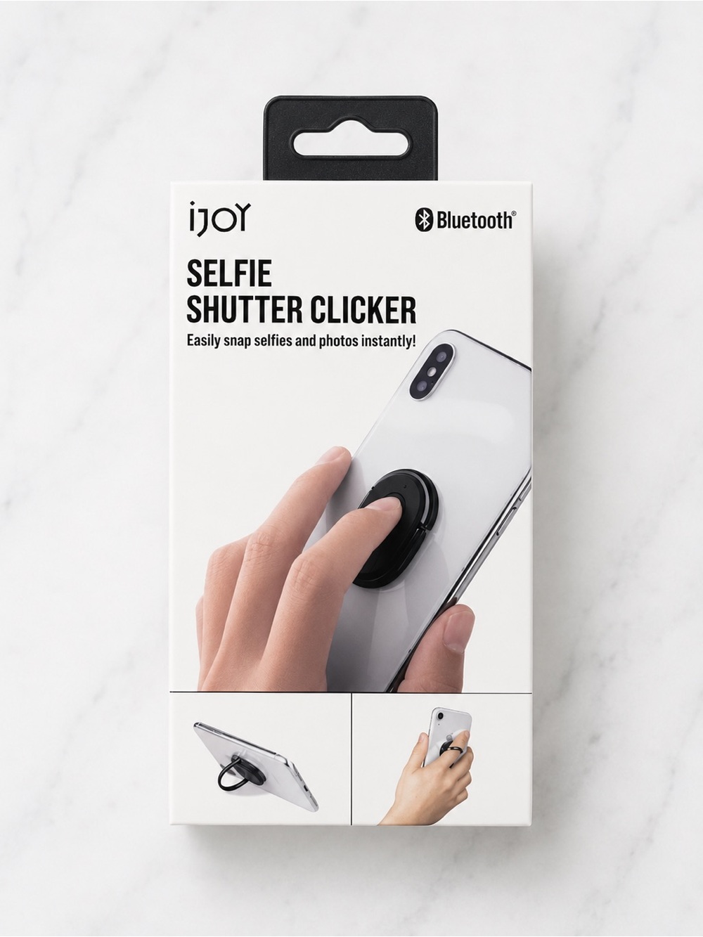 iJoy Black Selfie Shutter Clicker with Bluetooth Phone Grip